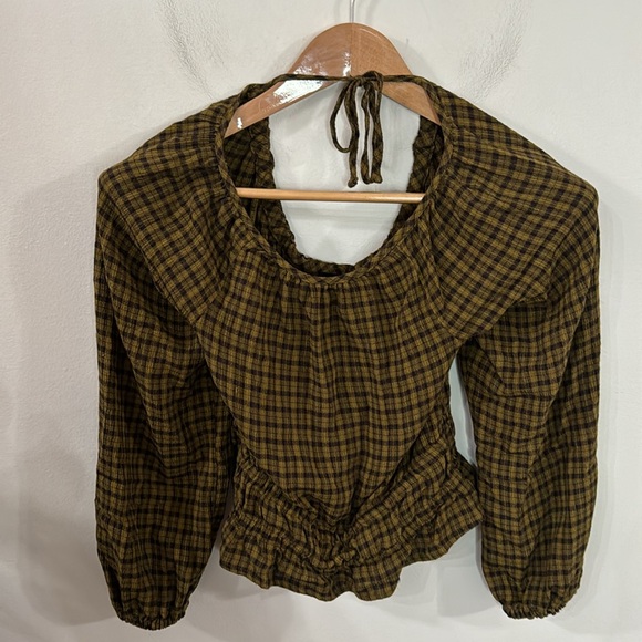 Madewell Tie-Back Cutout Top in Plaid Spiced Olive size XXS - Picture 2 of 9